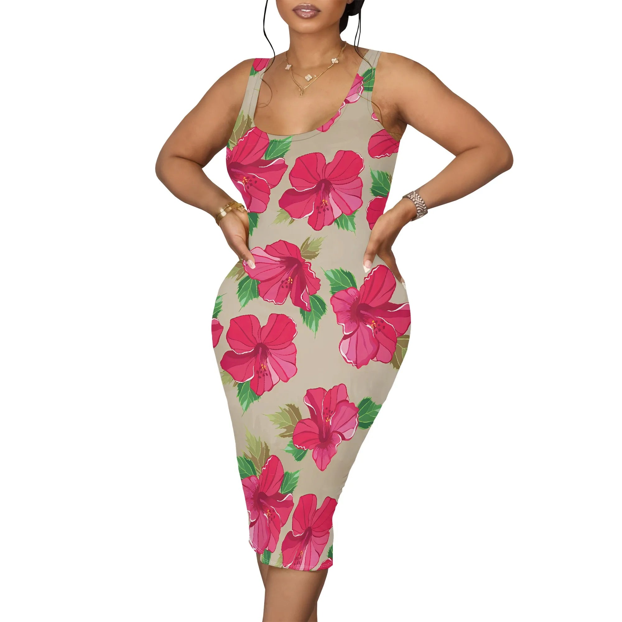 Tropical Floral Print Sleeveless Midi Dress for Women Sexy Summer Vacation Outfit