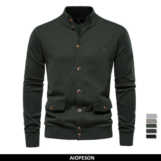 Men's Knitted Stand Mock Neck Cotton Cardigan Casual Social Autumn Button-Up Sweater Jacket for Men