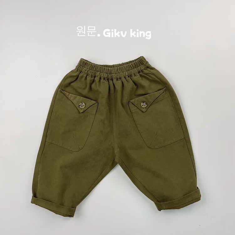 2025 Herfst Nieuwe Kinderen Losse Broeken Baby Meisjes Effen Vintage Casual Broek Peuter Jongens Veelzijdige Cargo Broek Kinderkleding 4-6Y Unisex