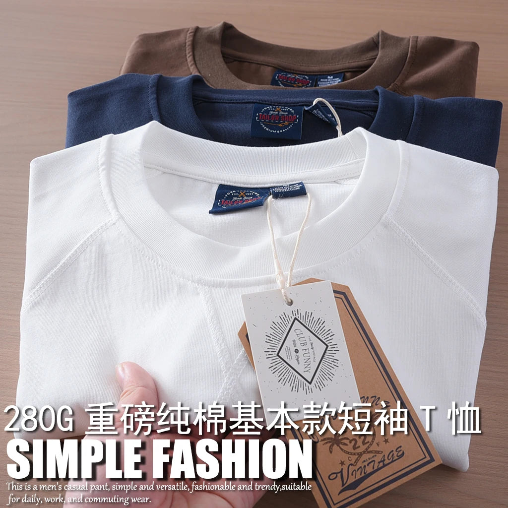 2025 Summer New American Retro 280G Short Sleeve O-neck Solid Color T-shirt Men's Fashion 100% Cotton Washed Casual Loose Tops