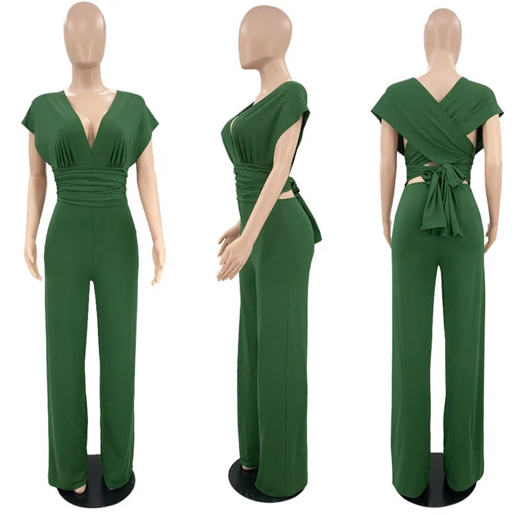 Women Solid Color V-Neck Short Sleeve Slim Waist Back Lace-Up Jumpsuit