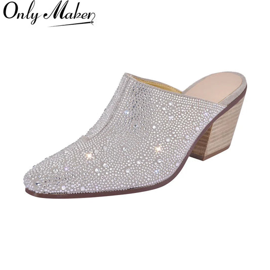 Women Pointed Toe Rhinestone Mules Glitter Bling Shiny Pretty Sparkly Gorgeous Chunky Heel Slip On Summer Slipper