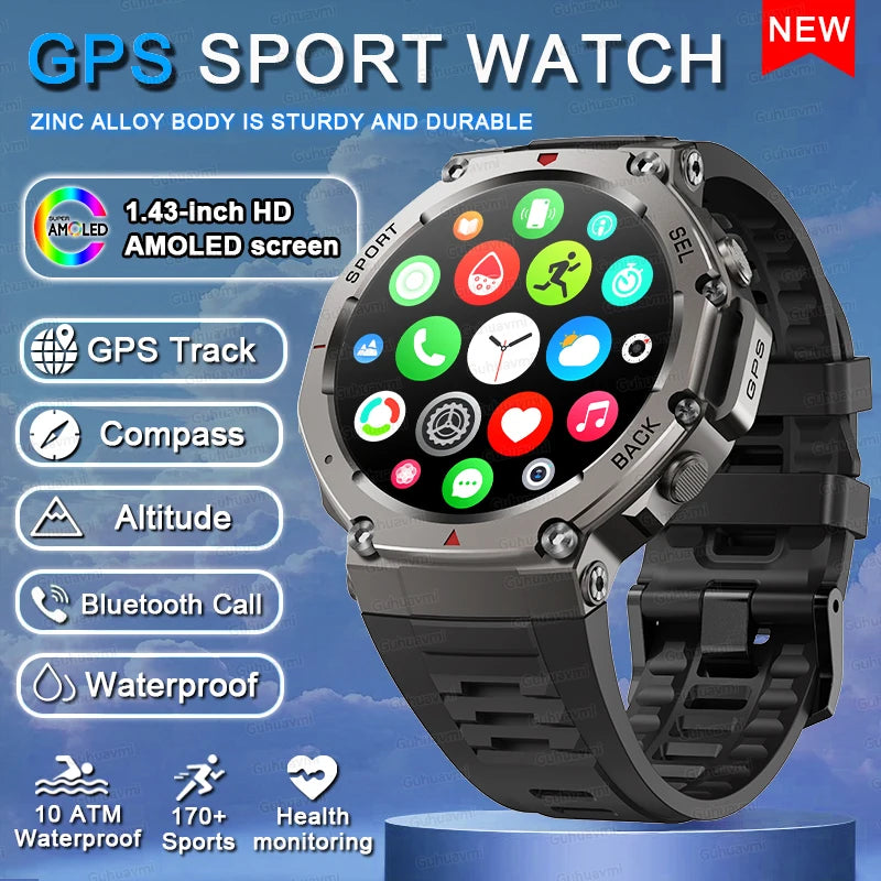 GPS Smartwatch 1,43" HD AMOLED-scherm Ingebouwde GPS Bluetooth-oproepen Waterdicht zwemkompas GPS-sportsmartwatch voor mannen