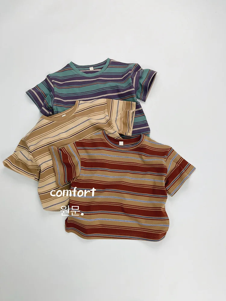 2025 Summer New Children Short Sleeve T-Shirts Cotton Baby Boy Girl Casual Striped Tees Toddler Versatile Tops Kids Clothes