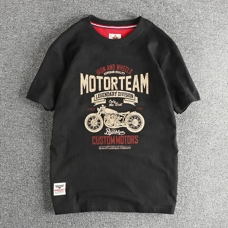 Summer American Retro Short Sleeve O-neck Letter Motorcycle Printed T-shirt Men's Fashion 100% Cotton Washed Casual Youth Tops