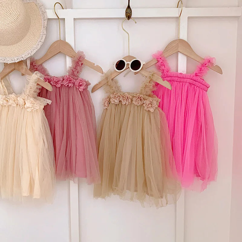 Summer Kids Sweet Mesh Dress Girls 6 Colours Suspended Floral Beach Skirt Children Tutu Princess Dress 1-6Y Girls