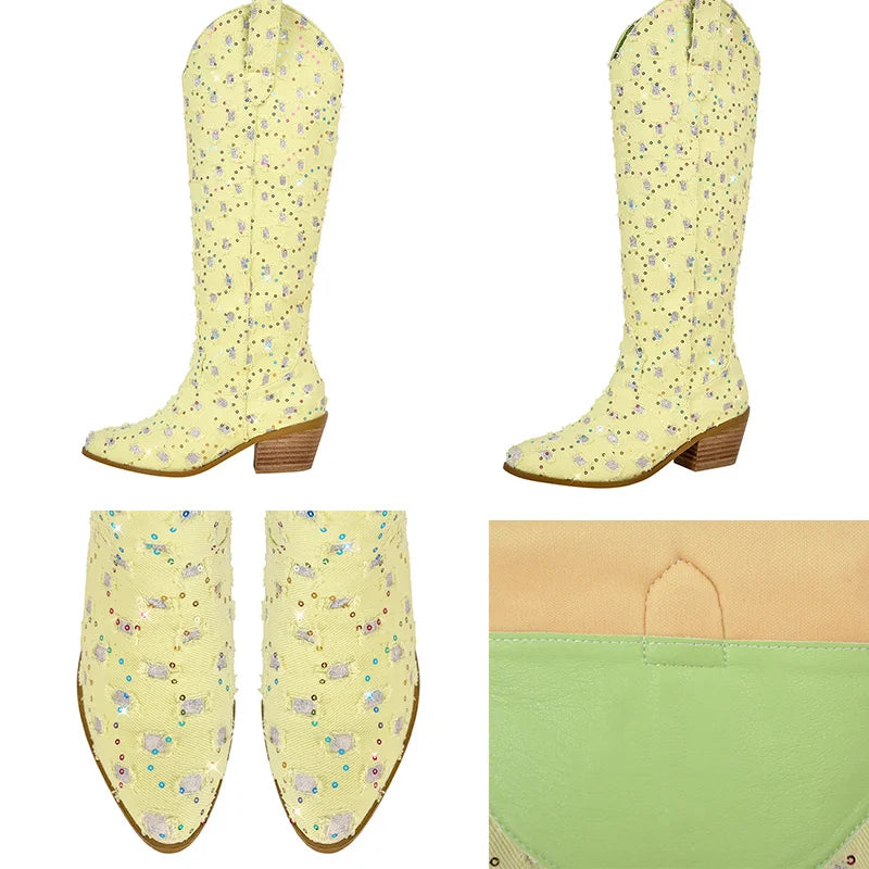 Women Pointed Toe Knee High Boots Western Boots Wide Calf Embroidered Canvas Block Heel Pull-On Cowgirl Booties