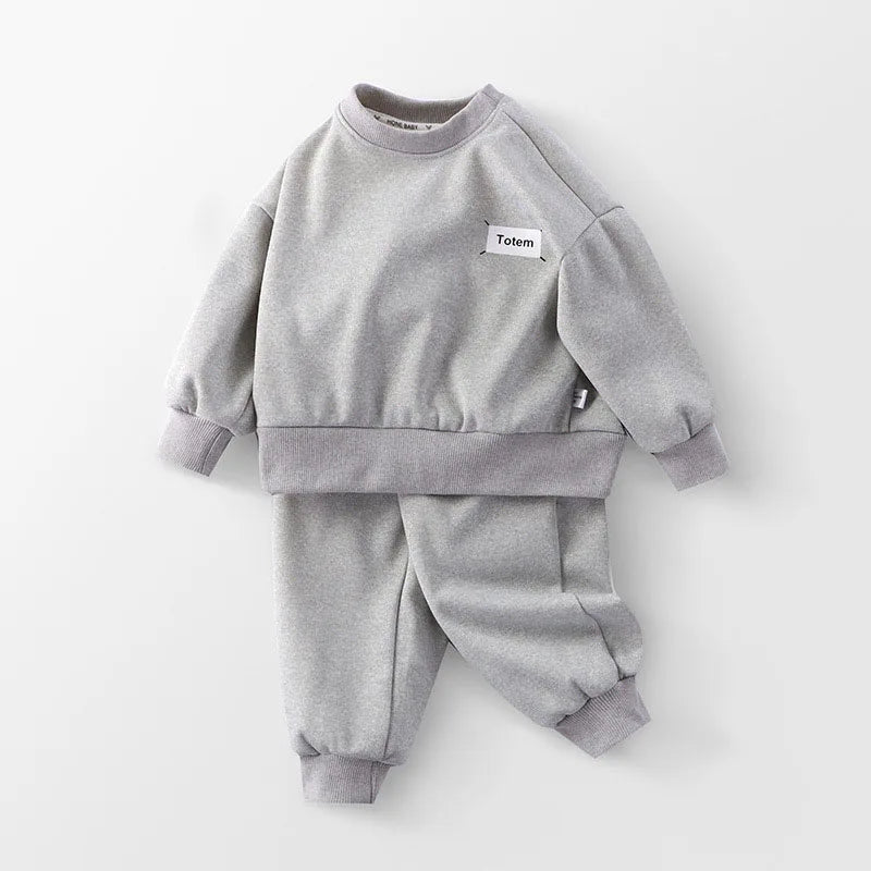 Kids Thicken Clothes Set Girls Cute Solid Colour Letters Sweatshirt + Pants Children Sports Suit Boys 2PCS Outwear 2-8T Unisex