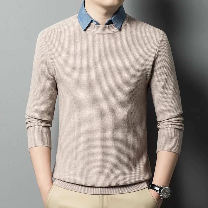 Men's Top Grade Fake Two Collared Fashion, Designer Knitted Pullover Sweater, Casual Brand Slim Fit Male Jumpers