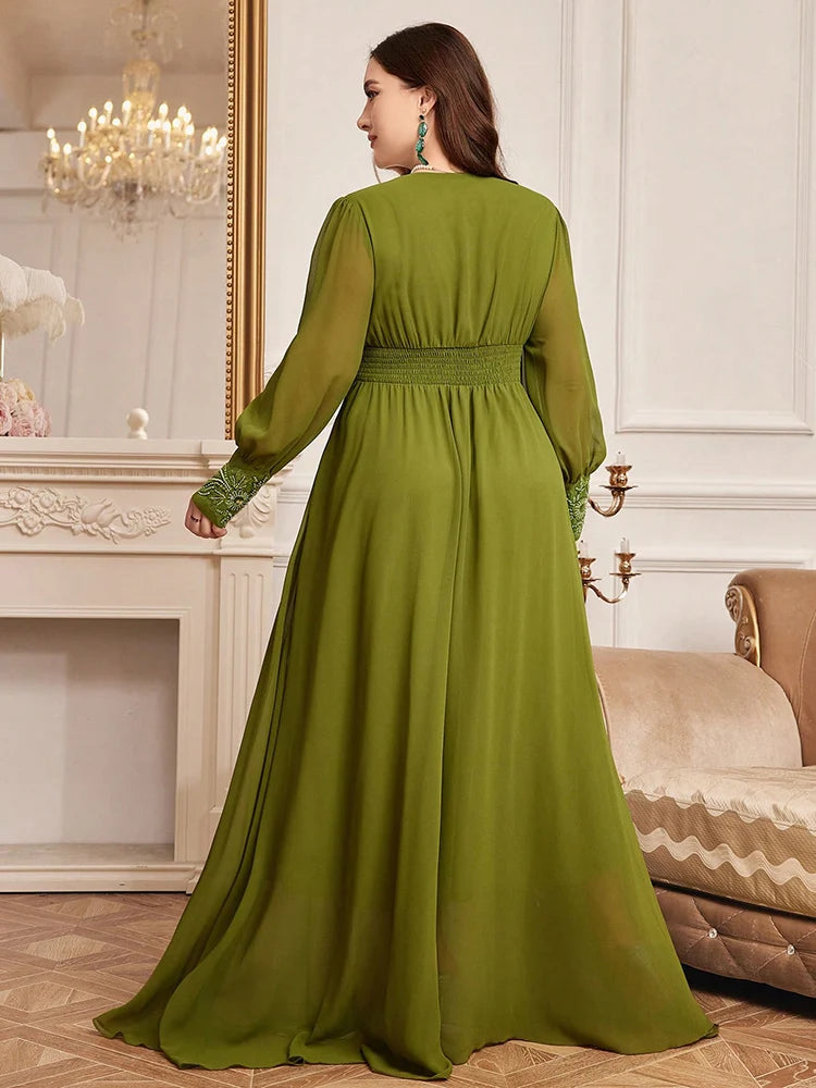 Luxury Elegant Long Sleeve Maxi Dresses Plus Size Women Wife Embroidery Patchwork High Waist Evening Party Dress