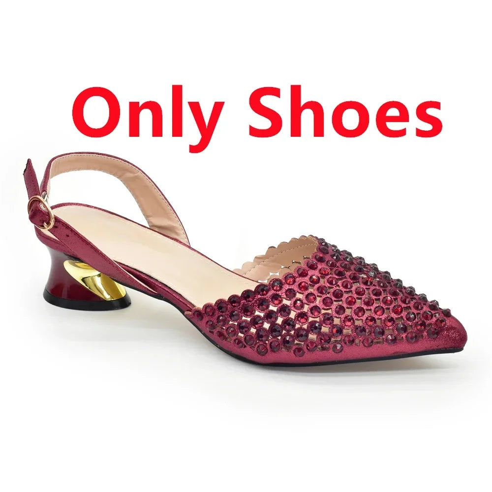 Italian Shoes with Matching Bags Set Rhinestone-Decorated with Medium Heels  for African Ladies' Party Pumps