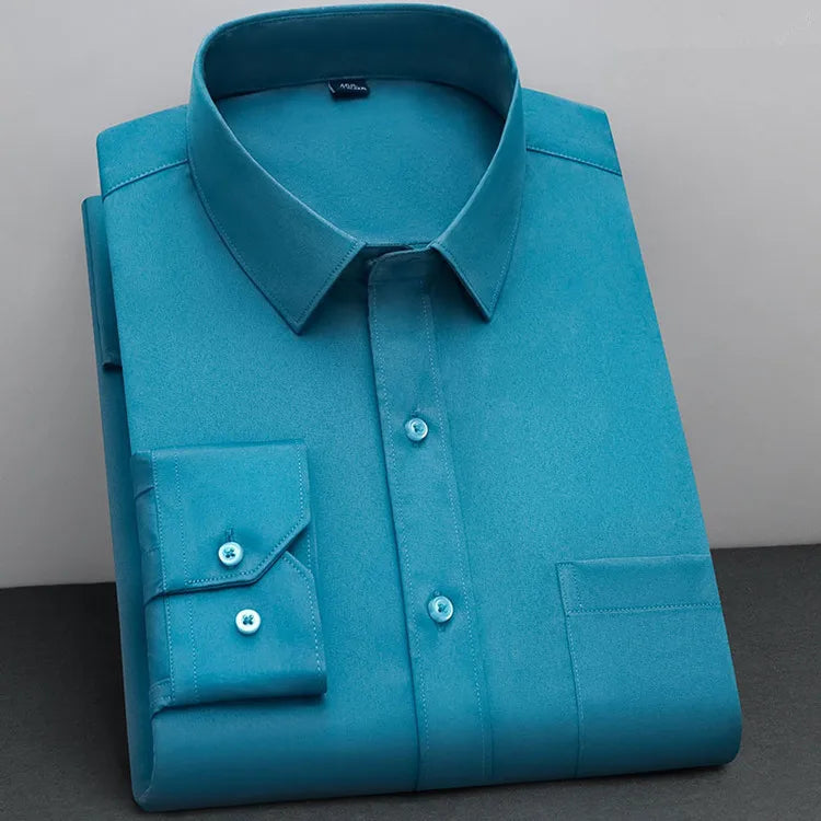 Men's Classic Solid Non-Iron Business Casual Shirt Anti-Wrinkle Soft Wear Long Sleeve Square Collar Tat Fabric Single Breasted