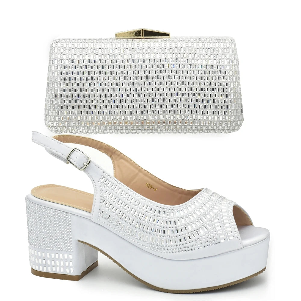 Africa Shoe and Bags Set Decorated with Rhinestone Wedges Shoes for Women Italian Women Wedding Shoes with Bag Set