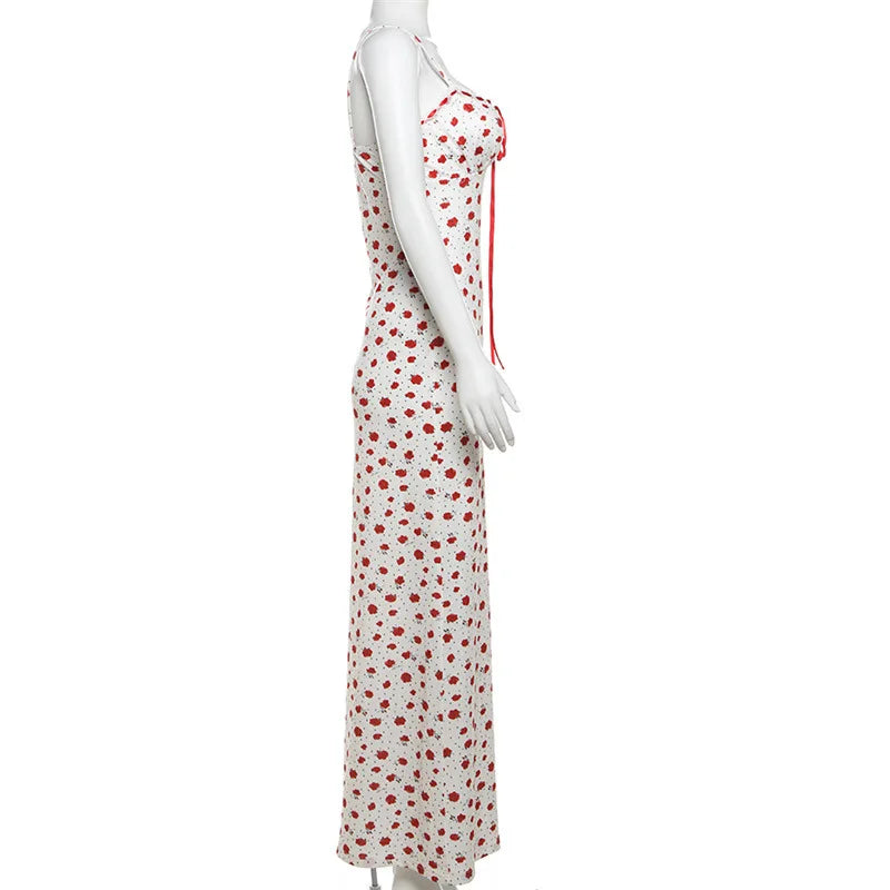 Rose Print Dress Women Square Collar Sleeveless Irregular Sweet Girl Street Fashion Birthday Party Trend Long Bodycon