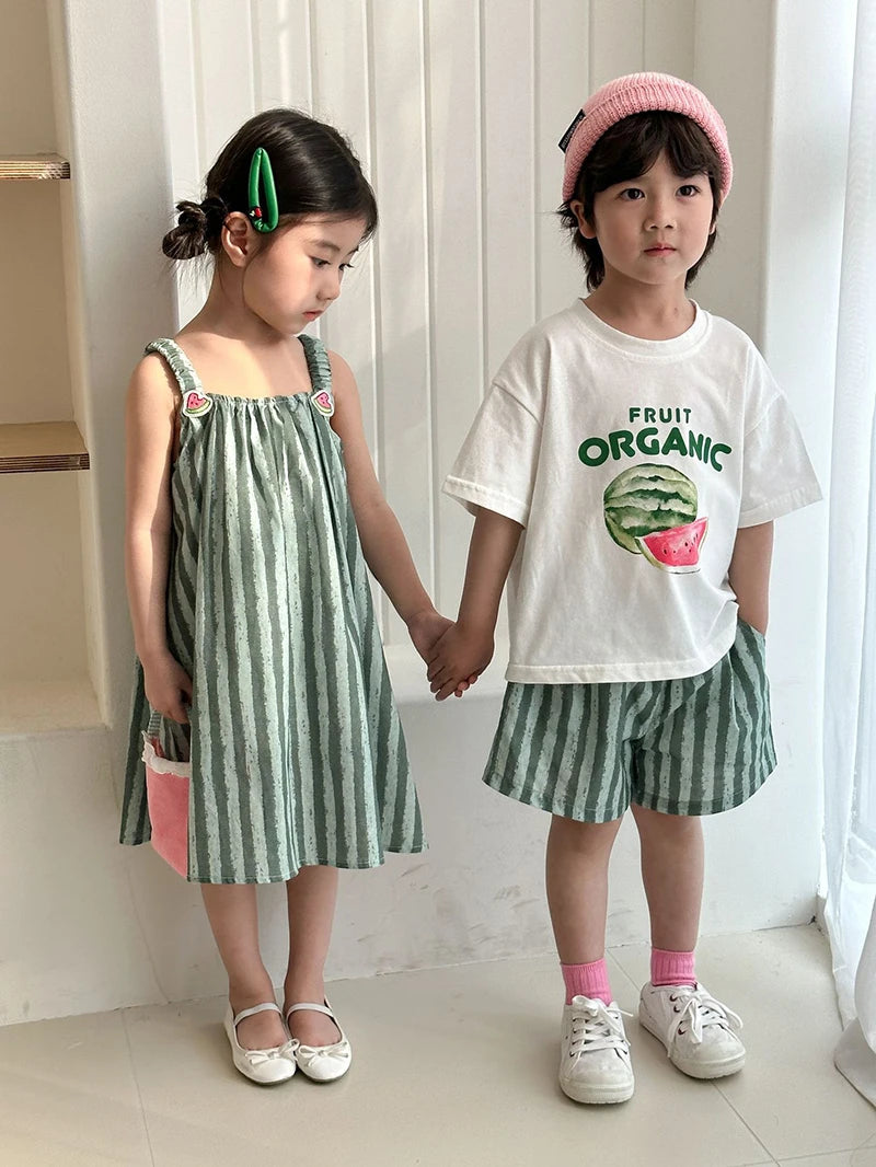 Children's Summer Clothes 2PCs Set Boys' Pure Cotton Striped Tee and Shorts Suit Cute Girls Suspenders Dress Siblings' Outfit Unisex