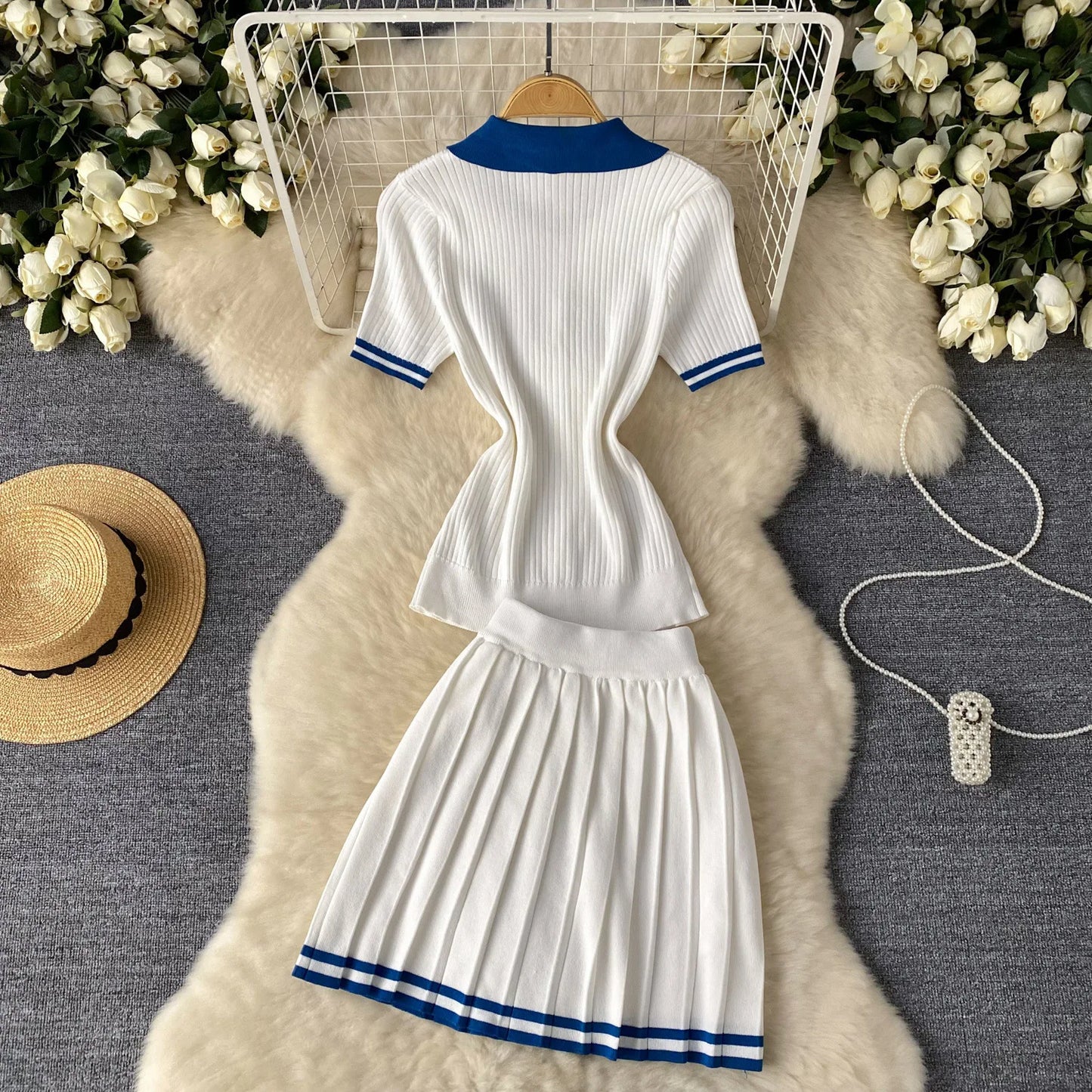 Women's Fashion Patchwork 2 Piece Set Polo-Neck Single-Breasted Tops + Ruched Ruffles Mini Skirts Y2K Style Street Outfits