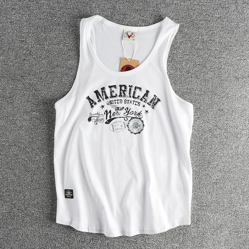 Summer New American Retro Sleeveless O-neck Letter Printed T-shirt Men's Fashion 100% Cotton Washed Casual Sports Vest Tops