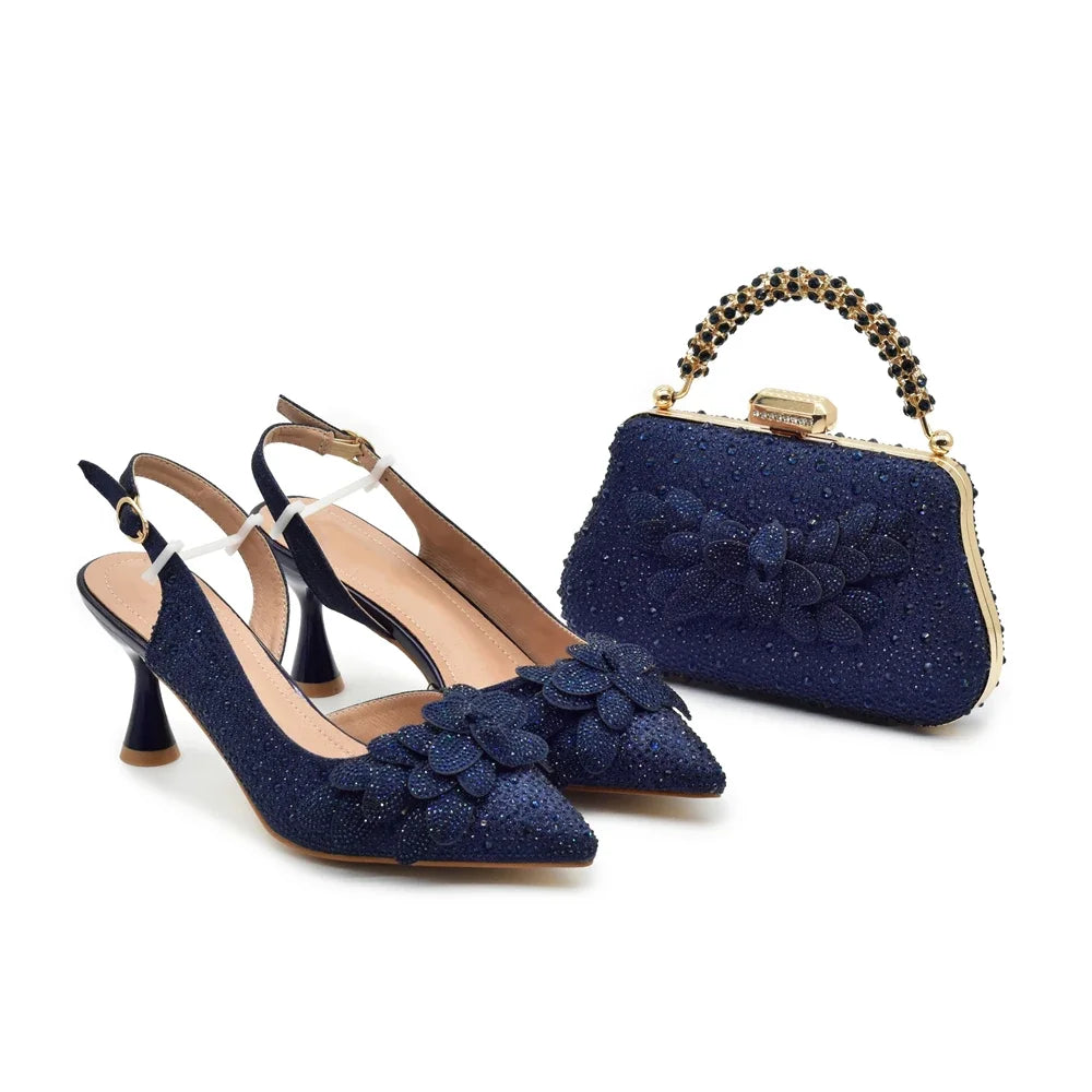 New Pointed Toe Heels with Small Bag Nigeria Fashion Party Women's Shoes and Bags Decorated with Rhinestone Wedding Shoes Bride
