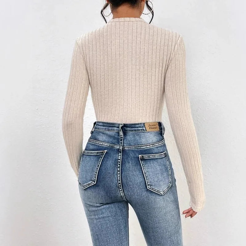 Long Sleeve Women's V-Neck Casual Beige Bodysuit Ribbed Knitted Skinny Body Suit Top for Women 2025 New Spring Autumn Outfits