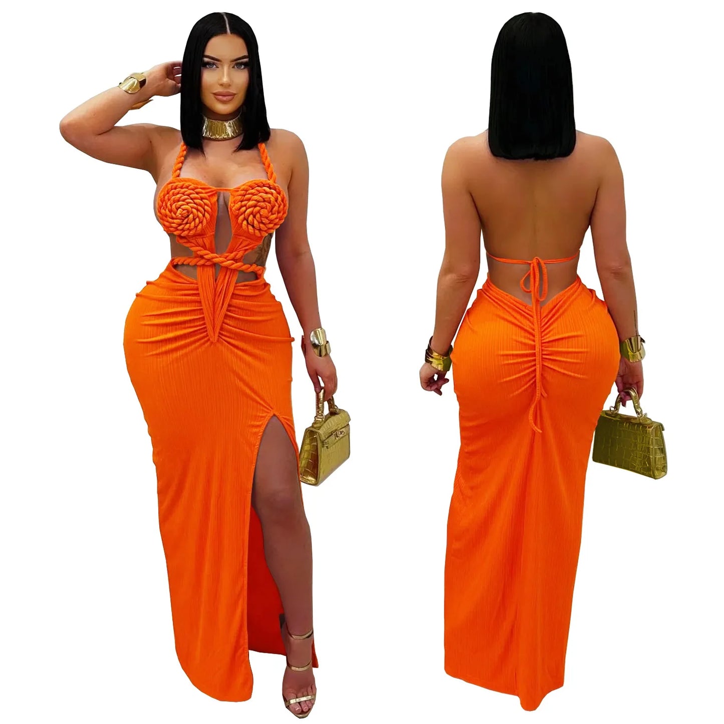 Bohemia Knitted Women Maxi Dress 2025 Summer Halter Lace Up Backless Split Sheath Vestidos Beach Vacation Robe