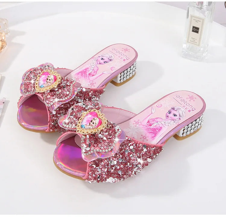 Girl's Summer Sandals Fashion Slippers Sequined Princess Children High Heel Party Dress Elsa Shoes Leather Slipper For Girls