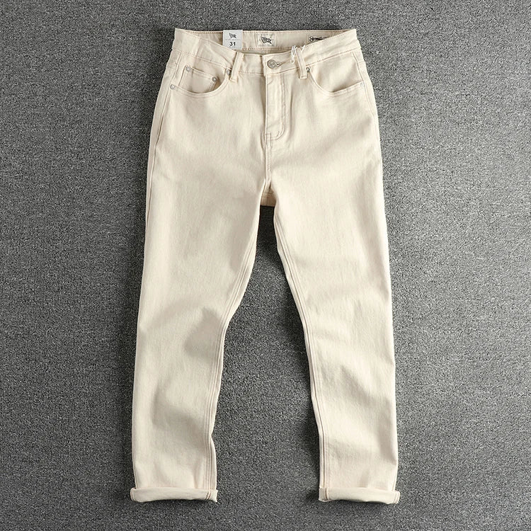 2025 Lente Herfst Nieuwe Amerikaanse Retro Beige Witte Denim Cargo Jeans Heren Eenvoudige 98% Katoen Gewassen Amekaji Casual Rechte Broek