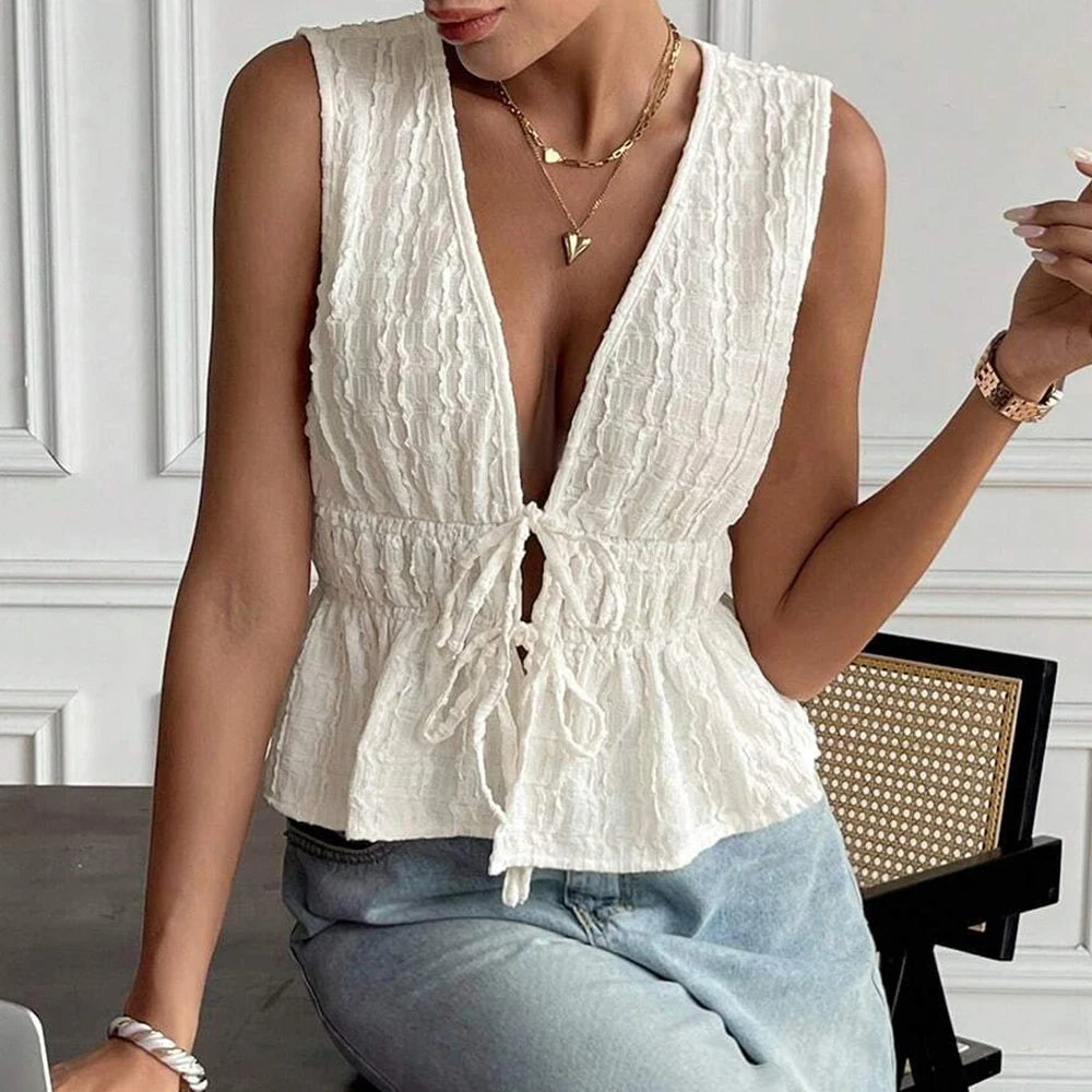 Women's Tanks Deep V-Neck Tie Detail Sleeveless Solid Colour Top Summer Casual Chic Style Tanks