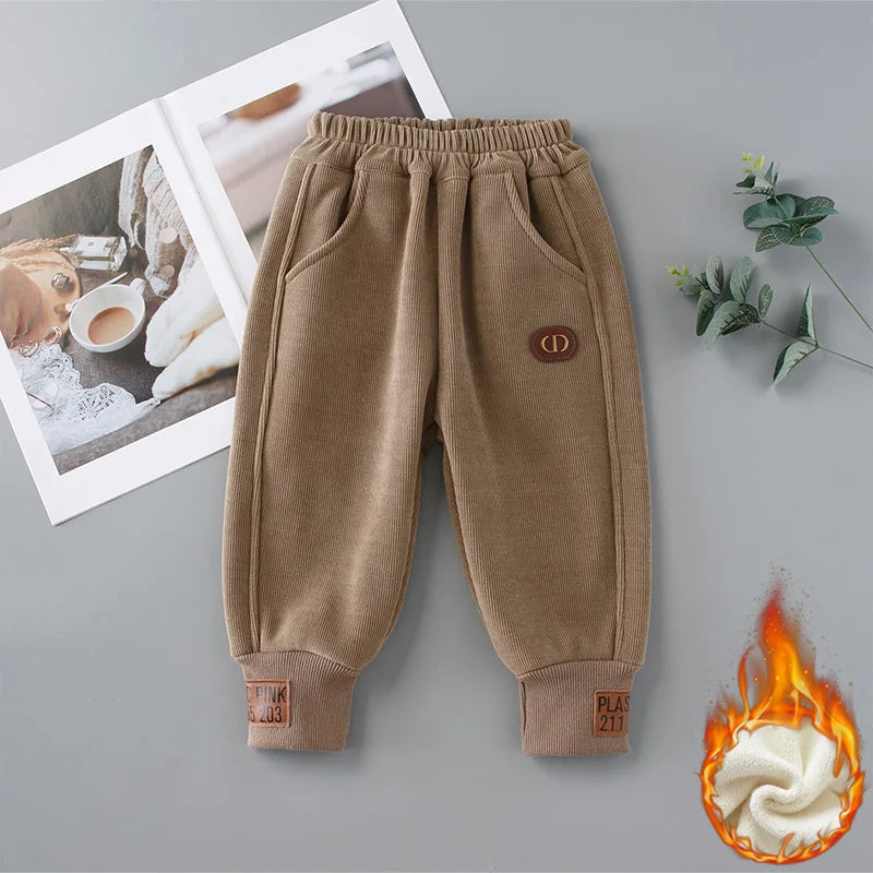 Children's Autumn & Winter Baby Girl Pants Fur Lining Boys Casual Trousers Simple Thick Kid's Pants 0-5Y Unisex