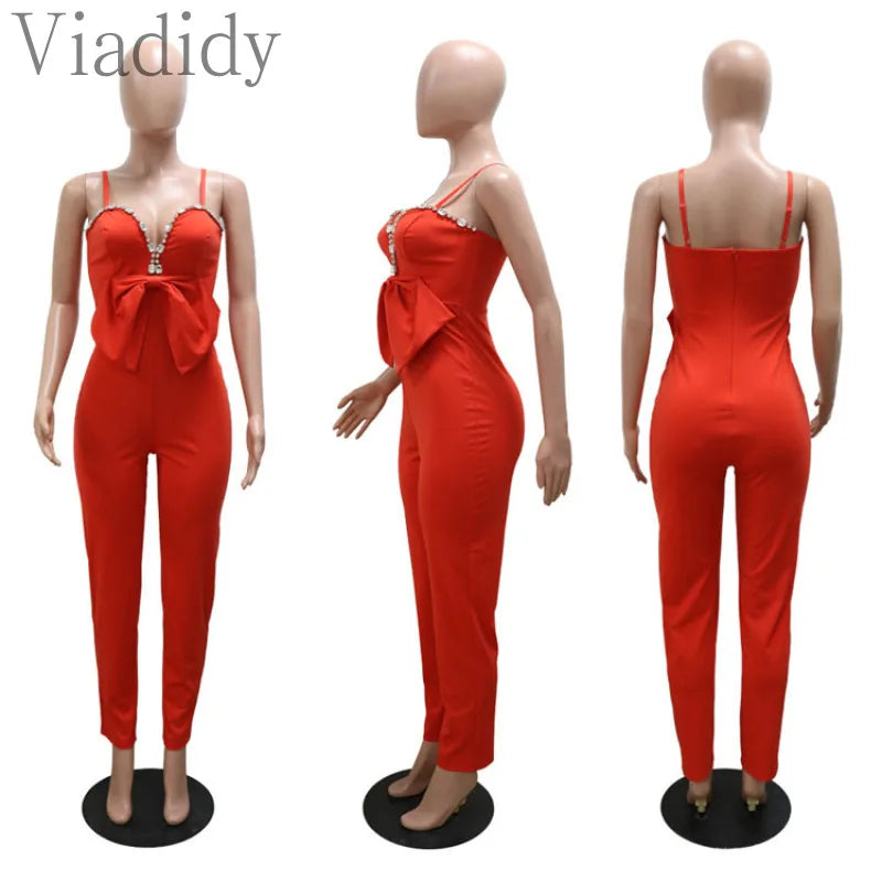 Spaghetti Strap Rhinestone Bowknot Decor Straight Jumpsuit