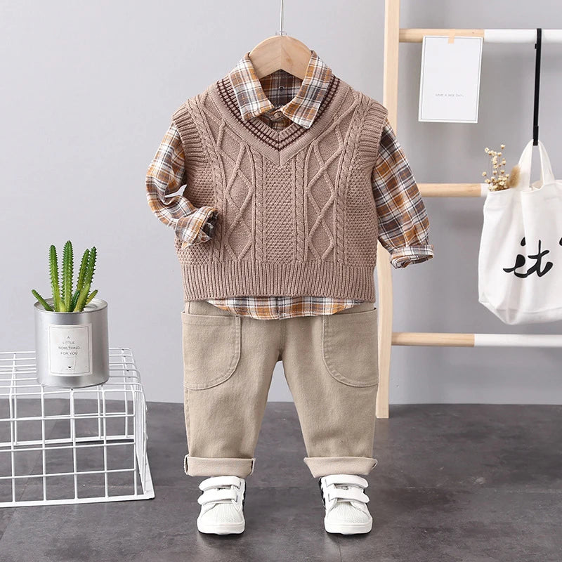 3-delige lente kinderkledingset, schattig dun vest + blouse + broek, meisjes, kleurblok, raster, bovenkleding, 1-3 jaar, unisex