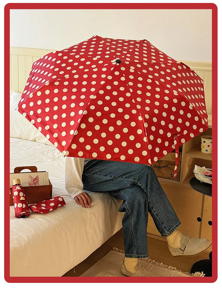 Large Polka Dots AutoOpen/Close Women’s Retro Aesthetic 2-in-1 Umbrella - UPF 50+ Protection 3-Fold Compact, Windproof & Stylish