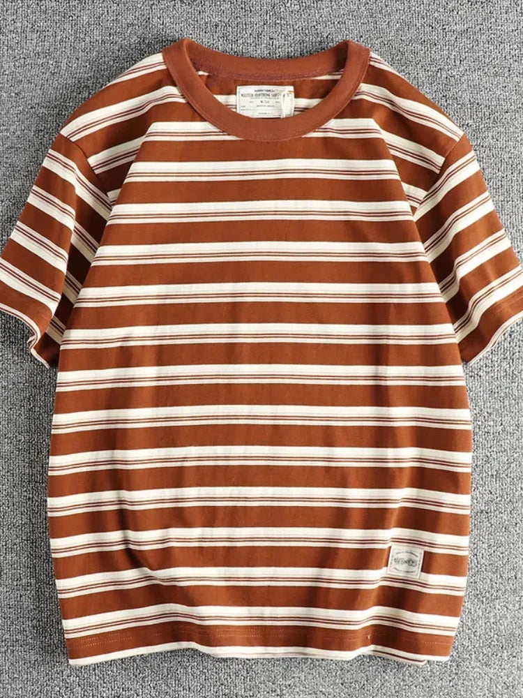 2024 Summer New American Retro 240g Short Sleeve O-neck Striped T-shirt Men's Simple 100% Cotton Washed Heavyweight Casual Tops