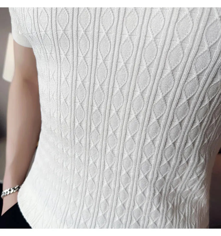Men's Slim-Fit Jacquard Knitted Short-Sleeved Polo Shirt for Male Fashion Lapel Golf Shirt