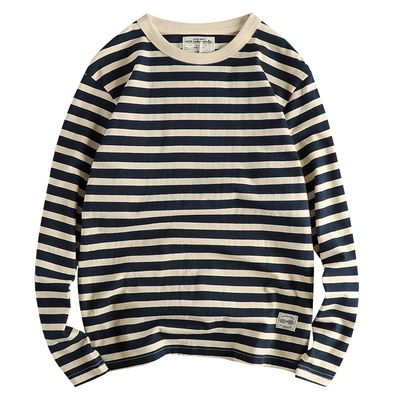 Autumn New American Retro 230g Heavyweight O-neck Striped T-shirt Men's Fashion 100% Cotton Washed Casual Loose Tough GuyTops