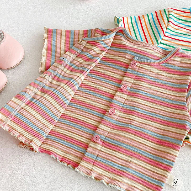 New Summer Girls Colourful Striped Cardigan Kids Short-Sleeved Knitted Sweater Children Cute Lace Bow Jeans 0-5Y Girls