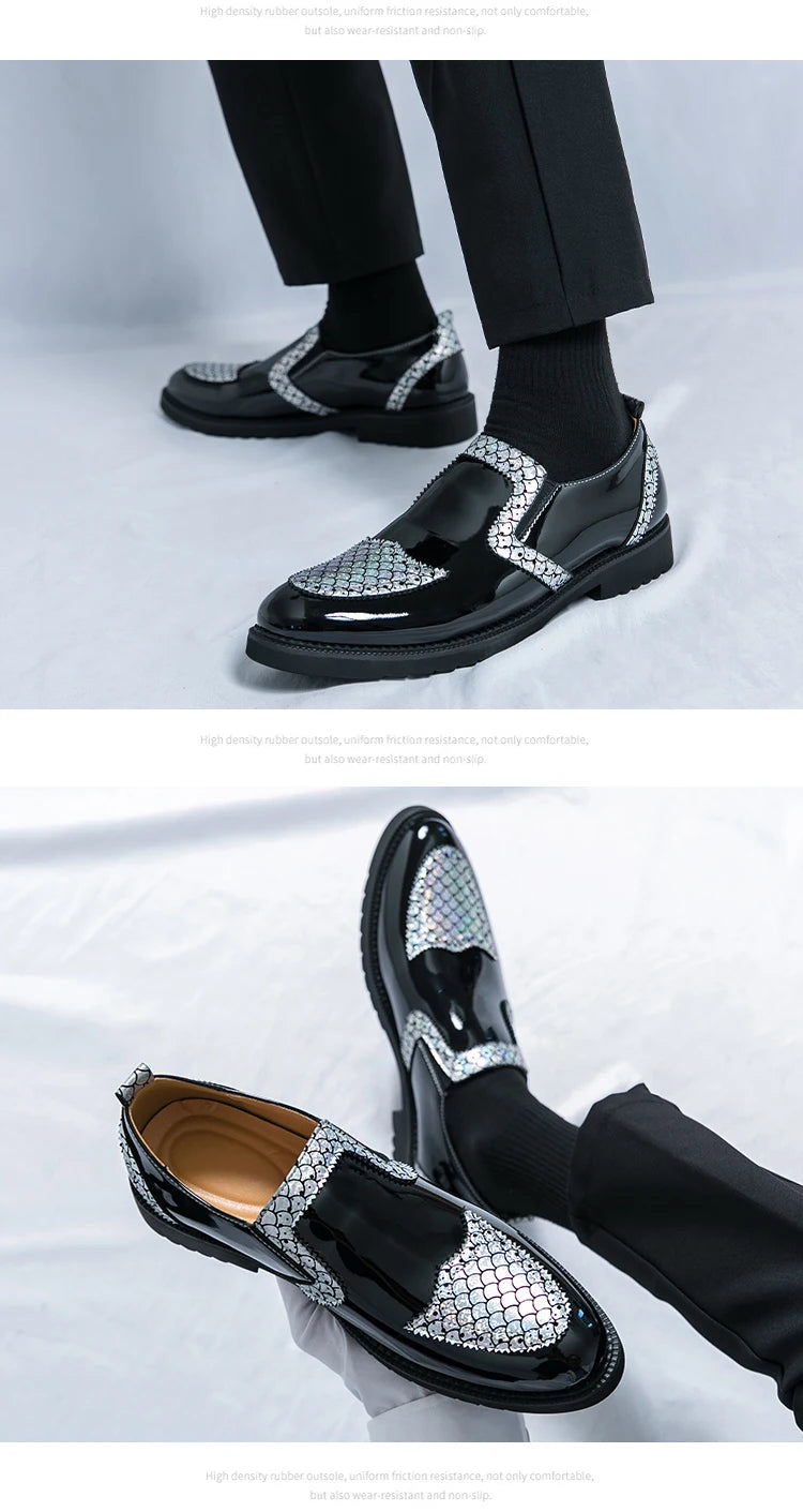 Slip-on Men Formal Dress Party Shoes Black Silver Male Business Adult Loafers Large Size 38-47 Adult Fashionable Wedding Shoes