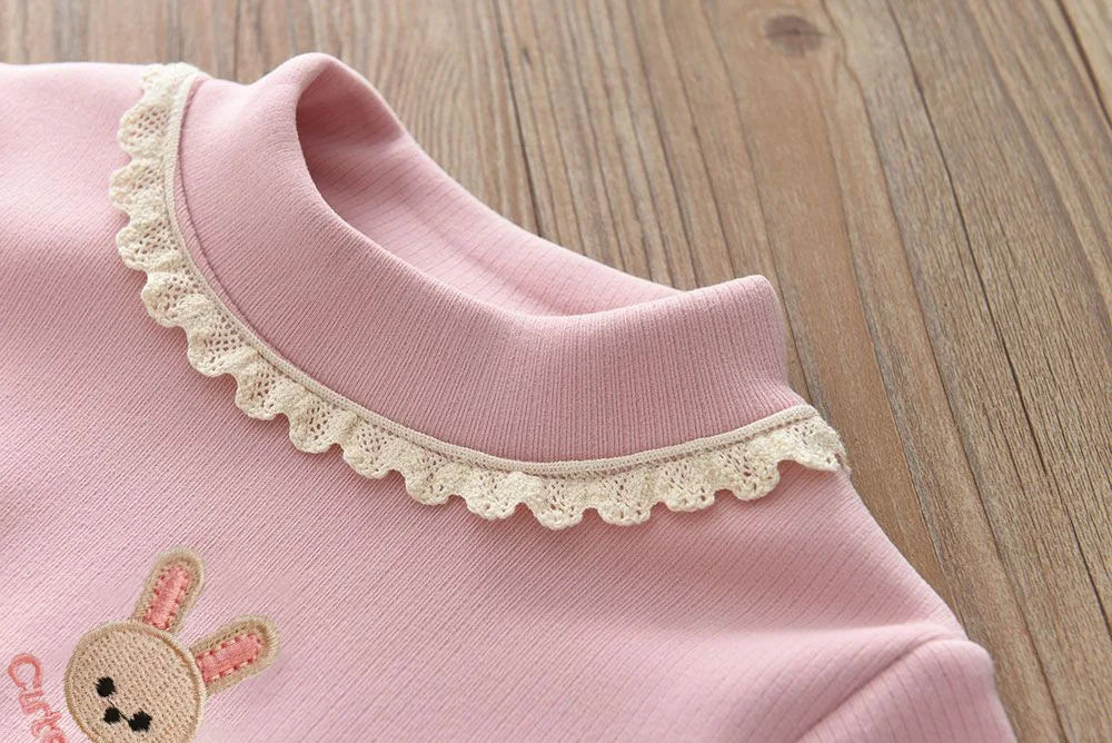 New Autumn Kids Fleece Padded Shirts Cute Embroidery Rabbit Girls Thicken Blouse Versatile Warm Children Lace Tops 1-9T Girls