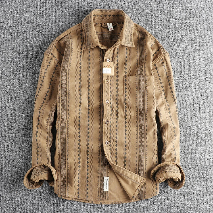 Spring New American Retro Long Sleeve Lapel Navajo Totem Printed Shirt Men's Fashion 100% Cotton Washed Casual Blouses Thin Coat