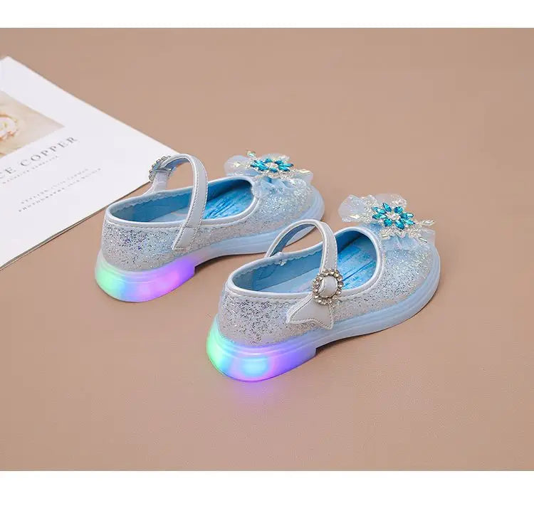Disney Children High Heel Princess Elsa Party LED Light Shoes Summer Girls Sandals Baby Girls Crystal Blue Pink Shoes 23-34
