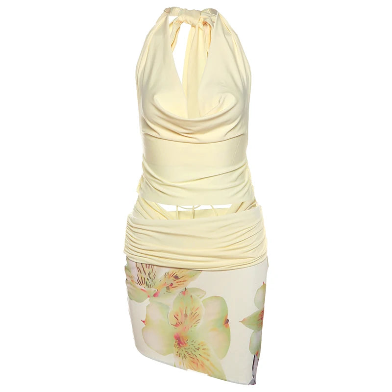 Temperament 2-Piece Set Women Halter Backless Swing Collar Tops + Wear Both Front And Back Patchwork Skirts Matching Suits