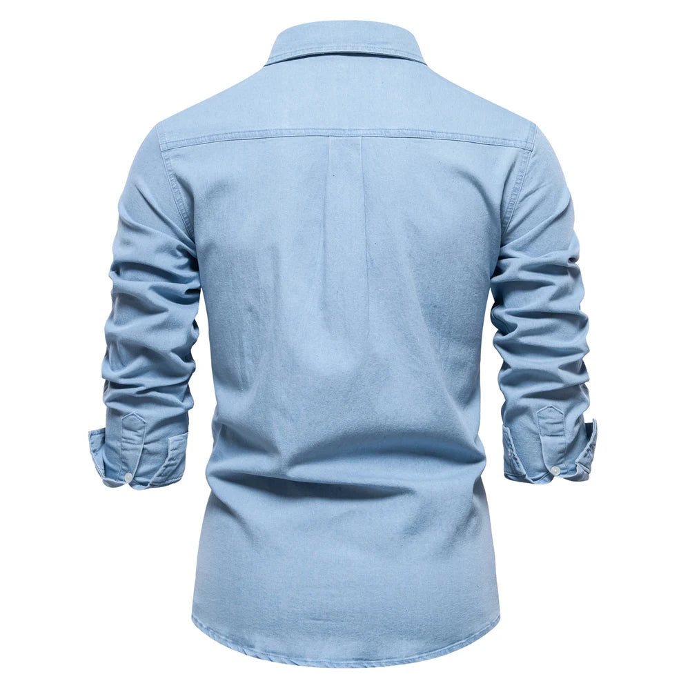 Men's Autumn Cotton Denim Shirt Solid Colour Single Pocket Casual Long Sleeve Jeans Shirt for Men