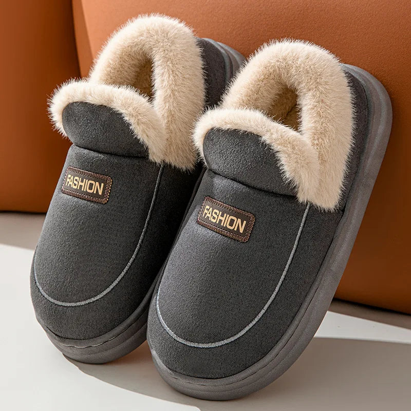 Unisex Plush Lining Shoes With Platform Soft Sole Indoor and Outdoor Slides Non-Slip Fluffy Cosy Warm Slippers For Men & Women