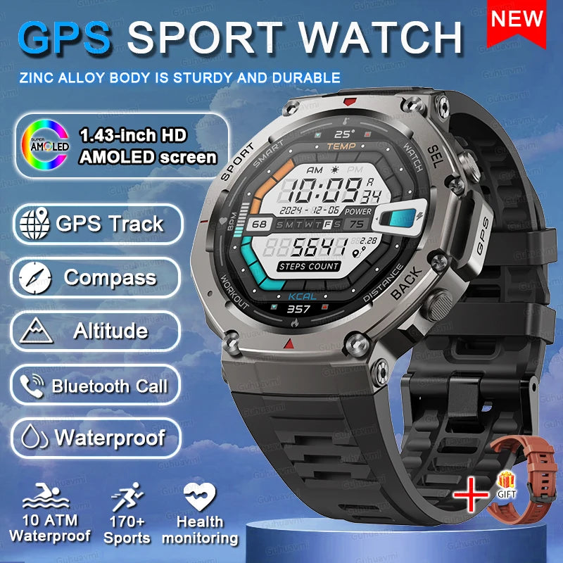 GPS Smartwatch 1,43" HD AMOLED-scherm Ingebouwde GPS Bluetooth-oproepen Waterdicht zwemkompas GPS-sportsmartwatch voor mannen