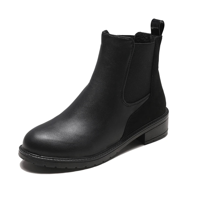 Women's Chelsea Boots Black PU Leather Round Toe Low Heels Snow Retro Chunky Heel Platform British Sole Autumn Winter Wear