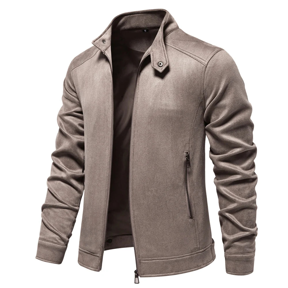 Men's Stand Collar Zip Suede Jacket Fashion Casual Business Faux Leather Trucker Jackets Coat for Men