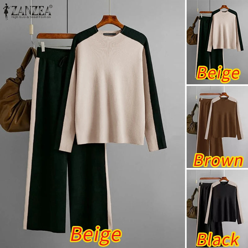 Casual Colour-Blocked Panels Women Pant Sets 2025 Spring Long Sleeve T-shirts Wide Leg Pant 2pcs Outfits Daily Tracksuits