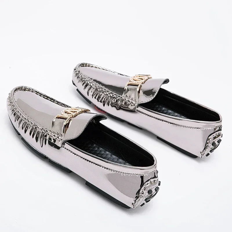 New Cool Male Formal Dress Shoes Silver Casual Moccasin Shoes for Men Large Size 38-48 Youth Fashion Popular Driving Loafers