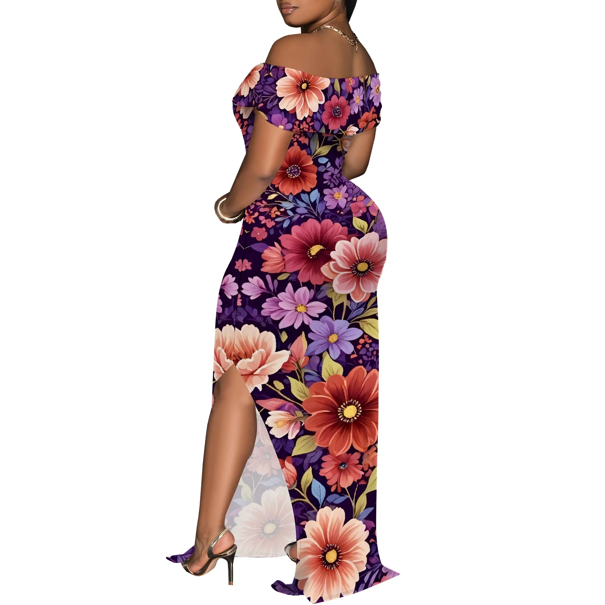 Off Shoulder Bodycon Maxi Dress for Women Floral Print Summer Elegant Party Dress Slim Fit Slit Gown