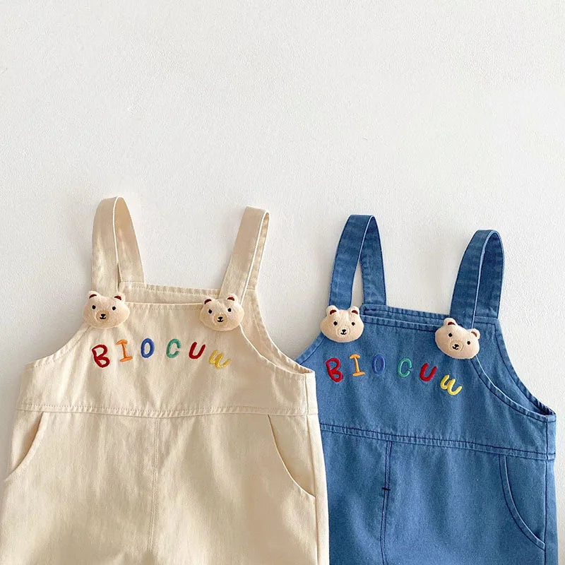 New Spring Kids Overall Children Cute Embroidered Letter Jeans Girls Boys Sweet Loose Casual Pants 0-5T Unisex