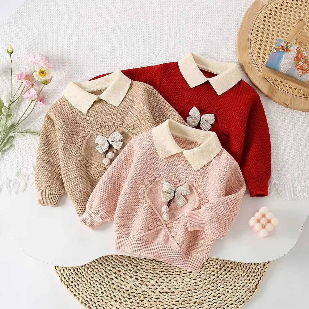 Autumn Kids Sweater Cute Bow Girls Knitted Pullover Korean Version Children Fall Knit Clothes Tops 9M-5T Girls